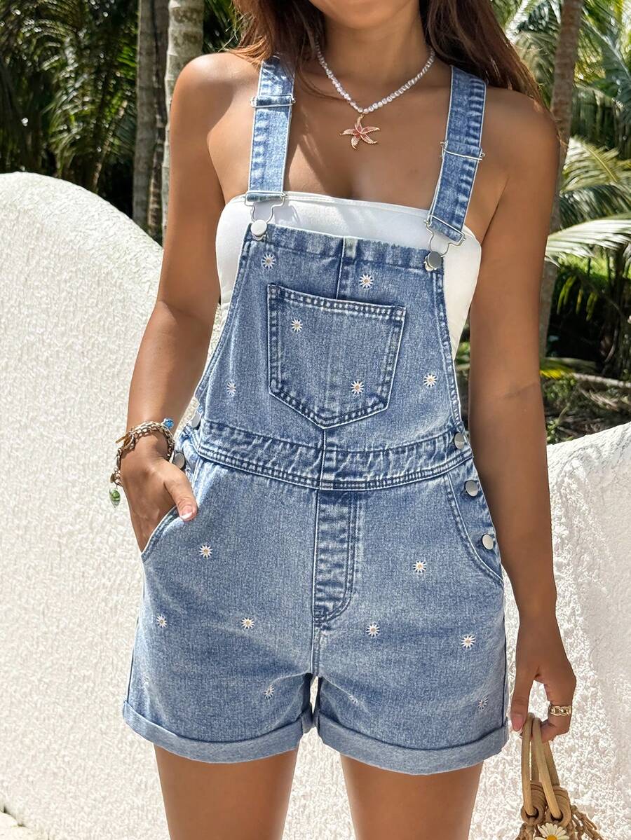 Rivivi 女士夏季休闲度假通勤花卉刺绣牛仔连体裤 - 淺色水洗藍 - 查看 1