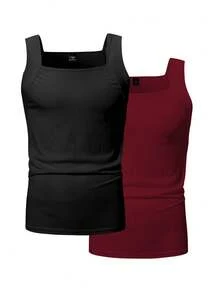 Manfinity Homme Plus Size Men's Solid Color Square Neck Ribbed Tank Top, Holiday - Multicolor - View 3