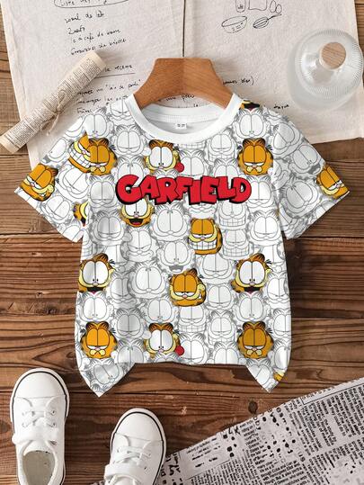 GARFIELD | SHEIN Áo thun ngắn tay cổ tròn in hình dễ thương cho bé trai, kiểu dáng thường ngày, in toàn thân.