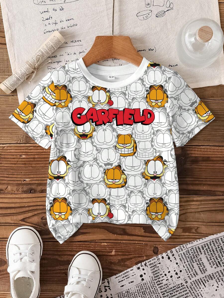 GARFIELD | SHEIN Áo thun ngắn tay cổ tròn in hình dễ thương cho bé trai, kiểu dáng thường ngày, in toàn thân. - trắng - Xem 1