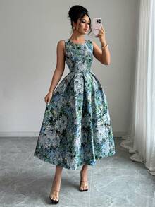 Vestido elegante de longitud media con cuello redondo sin mangas, plisado y estampado floral jacquard para mujer - Multicolor 3 - Ver 5