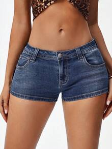SHEIN PETITE Women's Sexy Bodycon Denim Shorts, Stretchy Bamboo Fiber, Spring/Summer - Dark Wash - View 1