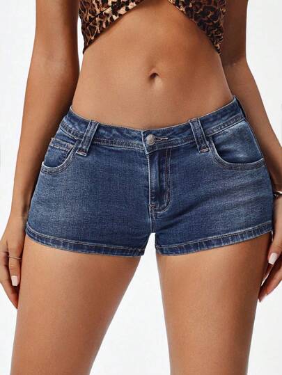SHEIN PETITE Women's Sexy Bodycon Denim Shorts, Stretchy Bamboo Fiber, Spring/Summer