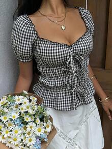 Sunnyshic 女士休闲格子衬衫，腰间系带，饰有蝴蝶结 - 黑色 - 查看 4