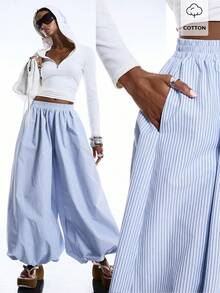 LYSMO Quần Harem rộng rãi có túi, cạp chun co giãn dành cho nữ, kẻ sọc. - Xanh và trắng - Xem 8