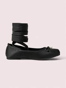 CUCCOO DOLLMOD Retro Strap-On Ballet Flats, Black Satin, Sweet And Cute Versatile - Black - View 2