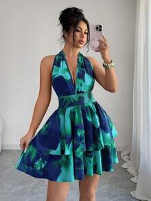 Xyvia Vestido mini sin espalda para mujer, azul marino floral, verano, boho, vacaciones, festivo, con fruncido profundo, bajo con volantes en capas, cintura ceñida, estampado de mármol, elegante para baile de graduación - Verde - Ver 7