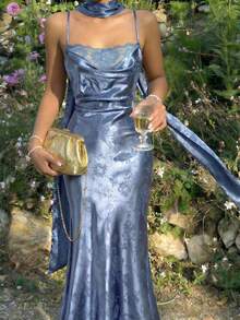 SHEIN MOD Blue Floral Jacquard Dreamy Romantic Draped Neck Mermaid Dress With Tie – Date, Party, Women's Summer And Spring Wear, Spring Break, Vacation, Picnic, Festival, Birthday Outfit - Blue - View 3