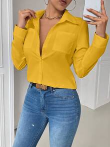 Airaco Camisa de manga larga ajustada con bolsillo y cuello casual blanca para mujeres, parte superior amarilla - Amarillo - Ver 7