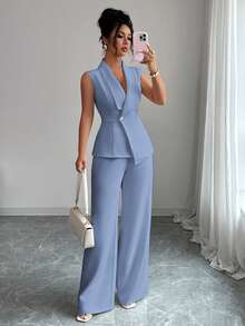 Elenzga 女士优雅通勤下午茶派对套装，不对称下摆无袖西装外套，金属腰带扣装饰，搭配松紧腰长裤，两件套西装，春夏款 - 霧霾藍 - 查看 5