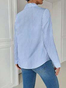 INAWLY 休闲领口袋修身白色长袖女式衬衫 - 藍白色 - 查看 2