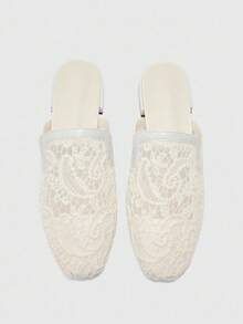 CUCCOO BIZCHIC 女士方头舒适时尚米色蕾丝平底乐福鞋、一脚蹬穆勒鞋、百搭休闲及工作平底鞋 - 米色 - 查看 2