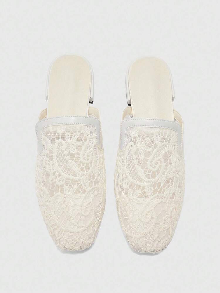 CUCCOO BIZCHIC Women's Square Toe Comfortable Fashion Beige Lace Flat Loafers, Slip-On Mules, Versatile Casual & Work Flats