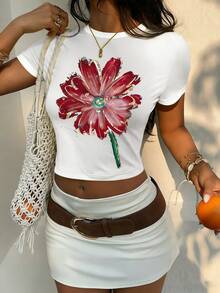 SHEIN Áo thun nữ cổ tròn dáng ngắn, in họa tiết hoa, ôm sát, phong cách thường ngày. - trắng - Xem 4