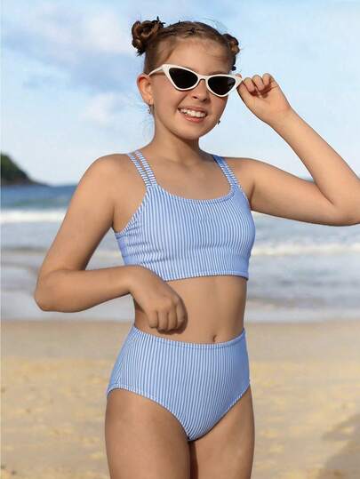 Plus Size Girls' Bikini Swimsuit, Cross Strap Ribbed Swimwear, Neon Color Tankini For Spring/Summer