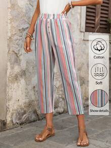EMERY ROSE 女士休闲度假通勤撞色条纹印花弹力腰侧口袋七分裤 - 彩色 - 查看 4
