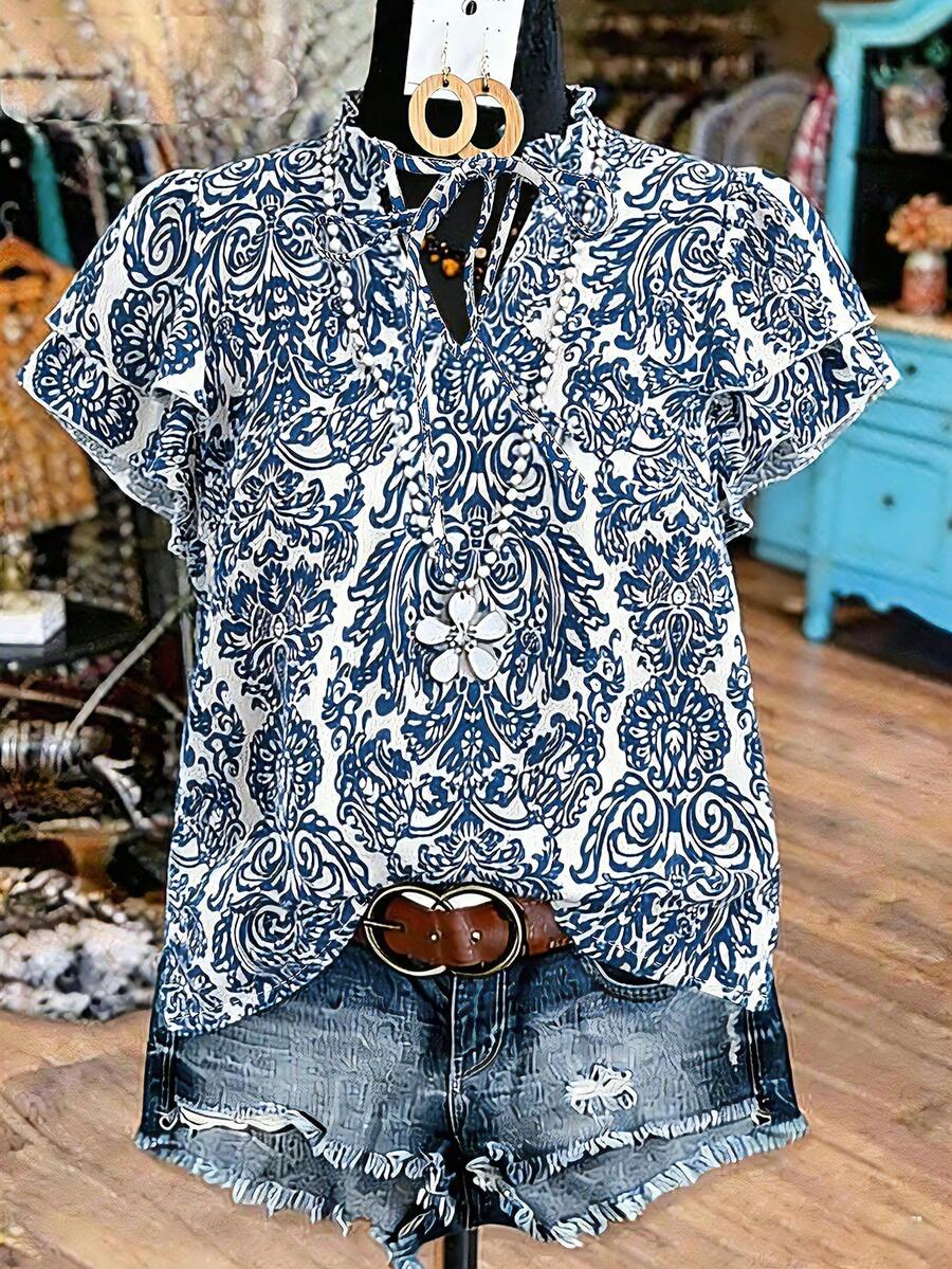 Linhara 大码女式夏季荷叶边V领蝴蝶结印花双层袖休闲度假衬衫短袖夏季上衣女式夏季衬衫上衣女式夏季衬衫蓝白上衣夏季休闲上衣 - 藍白色 - 查看 1