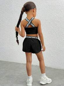SHEIN 2件套女童针织纯色字母弹力腰背心和短裤运动套装 - 黑色 - 查看 3
