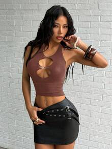 SHEIN Jeanoir 女士纯色镂空性感露背串珠吊带背心 - 棕色 - 查看 3