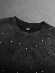 Manfinity LEGND Men's Casual Fashionable Street Daily Commute Letter & Star Embroidery Ombre Washed Rhinestone T-Shirt, Summer - Black - View 5