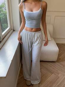 少女夏季休闲度假通勤撞色蕾丝修身短款吊带背心搭配条纹印花抽绳腰阔腿裤套装 - 灰色 - 查看 3