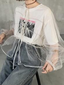 FRIFUL Áo kiểu nữ tay dài, dáng rộng, thắt nơ phía trước, chất liệu lưới xuyên thấu. - trắng - Xem 6