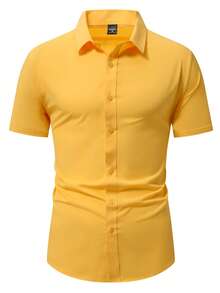 Calvornis Men's Casual Simple Solid Color Front Button Short Sleeve Shirt, Summer, Formal, Ceremony - Yellow - View 3