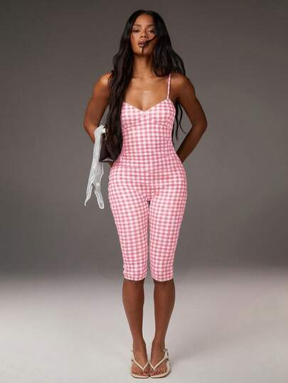 Athîral Women's Summer Casual Plaid Spaghetti Strap Jumpsuit