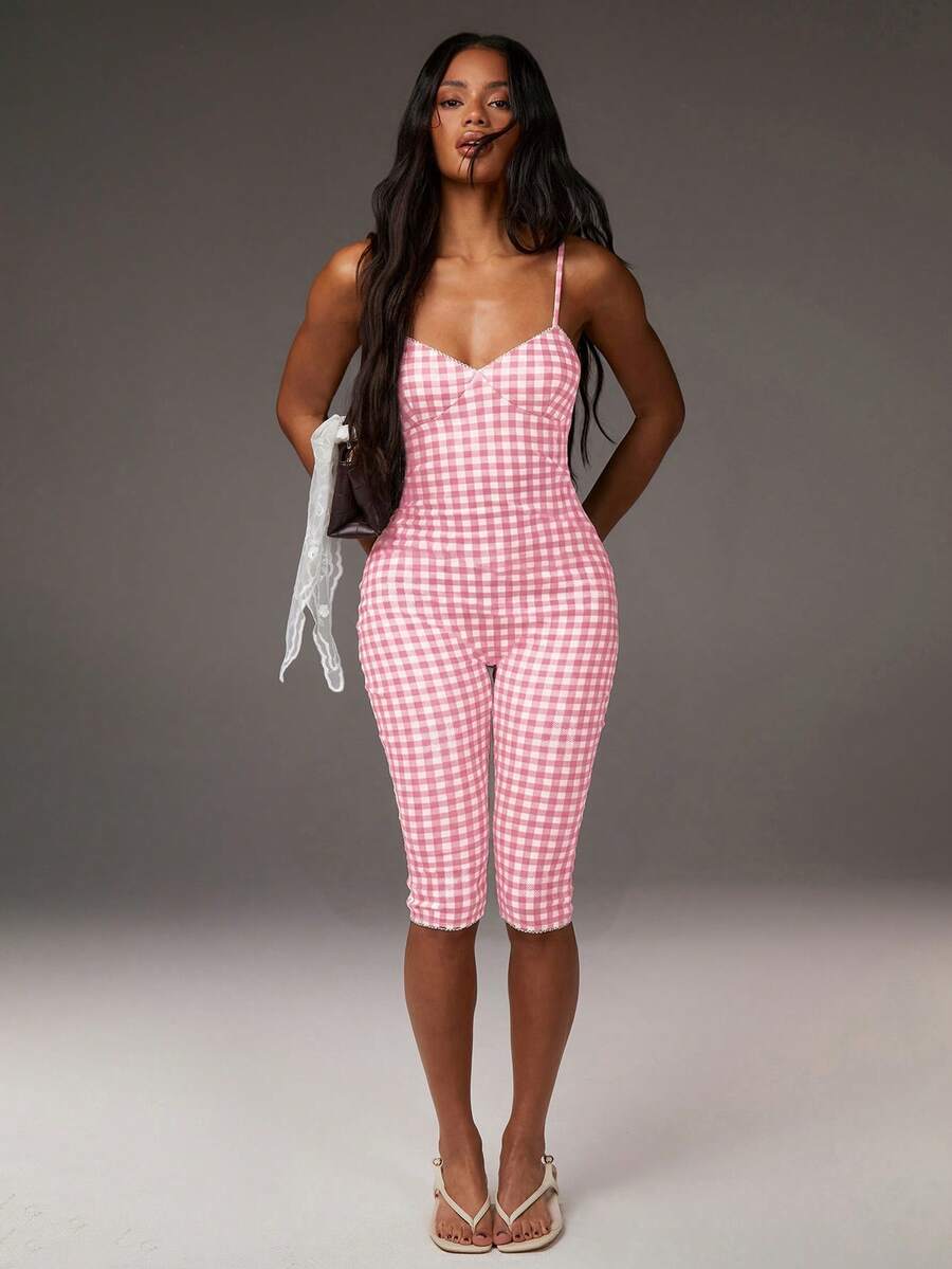 Athîral Jumpsuit Wanita Kasual Musim Panas Motif Kotak-kotak dengan Tali Bahu Tipis - Baby Pink - View 1