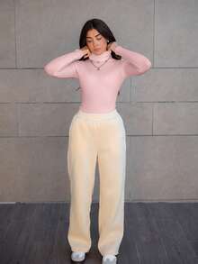 Hitanina Suéter de gola alta canelado sem gola, blusa de manga comprida em tricô para outono e inverno. - Baby Rosa - Ver 5