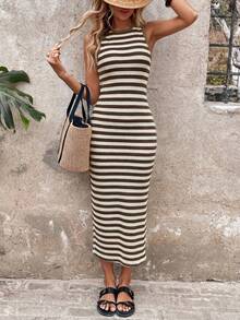 SHEIN LUNE Đầm dệt kim kẻ sọc dành cho nữ, thích hợp cho kỳ nghỉ, công sở, hẹn hò và các dịp khác, dài ngang gối có xẻ tà. - Nhiều màu - Xem 4