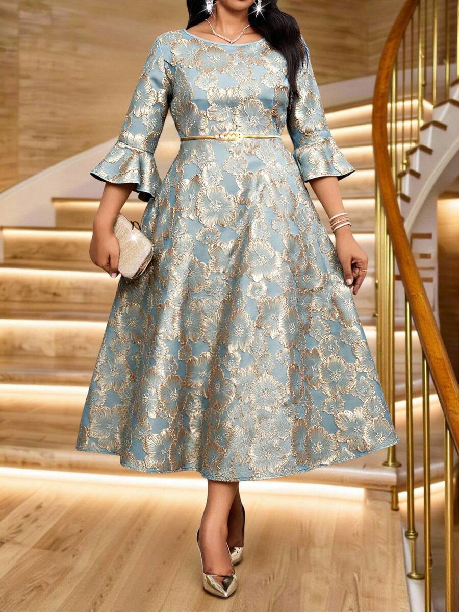 SHEIN Lady CURVE 大码女式花卉提花圆领喇叭袖优雅连衣裙 - 綠色 - 查看 1