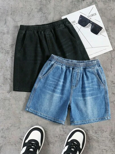 2件套青少年男童时尚休闲Y2K复古酷炫街头弹力腰身设计蓝黑牛仔宽松短裤套装，适合儿童日常穿着，也适合春夏派对、节日和街头服饰。