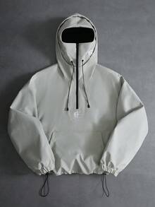 PAVTROS 男士休闲连帽双层设计，多功能运动休闲刺绣图案时尚ins风，适合所有季节，街头风，宽松，印花，情侣装，朋友装，表达爱意，街头风格，情侣装，双层连帽，半拉链，弹性抽绳下摆 - 淺灰色 - 查看 1