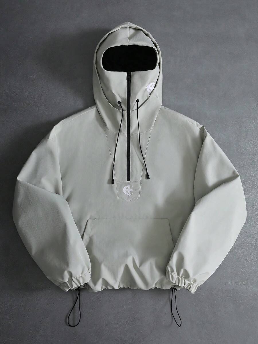 PAVTROS 男士休闲连帽双层设计，多功能运动休闲刺绣图案时尚ins风，适合所有季节，街头风，宽松，印花，情侣装，朋友装，表达爱意，街头风格，情侣装，双层连帽，半拉链，弹性抽绳下摆 - 淺灰色 - 查看 1