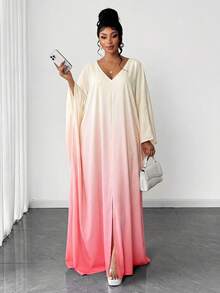 Maweii 大码女士优雅浪漫奢华派对渐变V领宽松长裙，秋冬大码女士连衣裙卡夫坦长袍大码礼服礼拜服大码度假装 - 粉色 - 查看 4