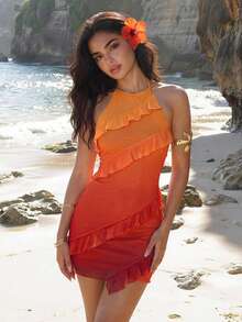 ROMWE Avant 女士荷叶边露背紧身迷你连衣裙，扎染印花，露背设计，适合海岛度假 - 彩色 - 查看 2