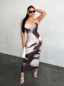 SHEIN SXY Vestido tubo ajustado con estampado de figura de color oscuro para mujer de talla grande - Blanco y Negro - Ver 7
