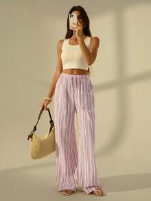 SHEIN Tall Quần ống rộng kẻ sọc màu hồng dành cho nữ, thích hợp mặc đi nghỉ mát. - Nhiều màu - Xem 1