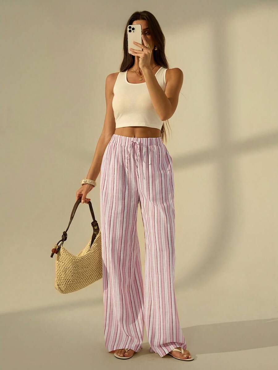 SHEIN Tall Quần ống rộng kẻ sọc màu hồng dành cho nữ, thích hợp mặc đi nghỉ mát. - Nhiều màu - Xem 1