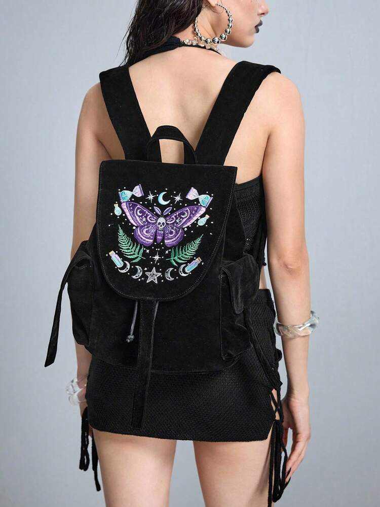 ROMWE Flower Type: 1702008 High Quality Embroidered Thread Skull Moth Leaf Star Moon Mushroom Pattern Backpack Dark Goth Backpack - Deep Black - View 6