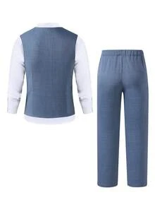 SHEIN 2pcs/Set Teen Boy Gentleman Outfit, Including Navy Slim-Fit Vest And Navy Textured Dress Pants, Elegant Formal Suit For Birthday, Wedding, Wedding Guest, Pageboy, Ring Boy - Blue - View 3