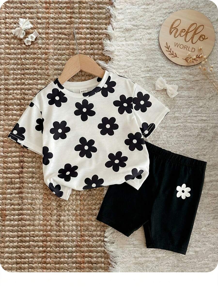 新生女宝宝可爱夏季休闲针织碎花短袖T恤和短裤套装 - 卡其色 - 查看 1