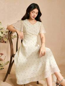 SHEIN 青少年女孩雪紡波點洋裝，優雅夏季畢業禮服，復古春夏穿著洋裝 - 杏色 - 查看 3