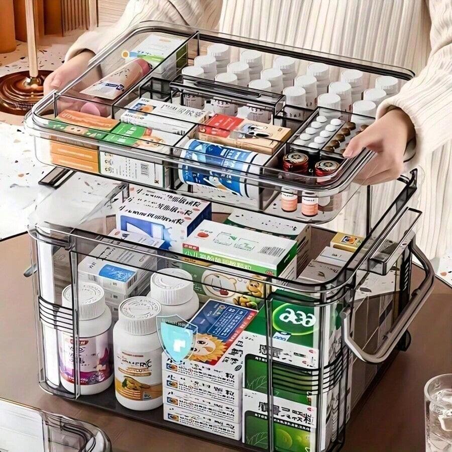1pc Dual Layer Transparent PVC Pill Box - Convenient Medication Storage Box, Suitable For Home & Travel, No Power Needed, Lightweight & Portable, Matte Surface, Can Be Placed On Tabletop, Independent Design, Capacity Less Than 3.2 Cubic Feet, Max Height 27 Inches, Waterproof, Flip-Top Closure, Multi-Purpose Storage Box - Grey - View 1