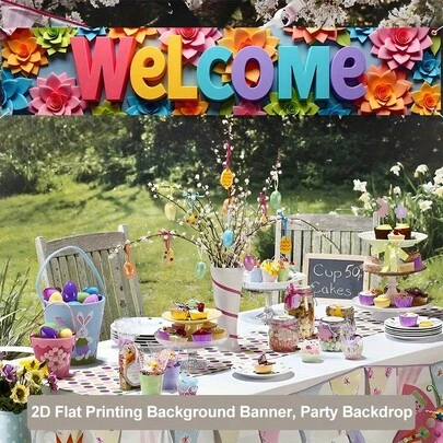 2D Flat Fence Backdrop, 1Pc Oversized Welcome Banner With Bright Floral & Bold Typography - Cheerful Party Decor, Sturdy For Indoor/Outdoor Fences, Yards, Birthdays, Weddings, Housewarmings, Simple To Hang, Lightweight & Reusable