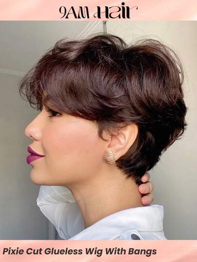 Tóc giả kiểu Pixie ngắn bằng tóc thật, có mái cho nữ, tóc giả ngắn tự nhiên không cần keo, không có ren phía trước, kiểu tóc Pixie thẳng nhiều lớp - Màu nâu, tóc giả giá rẻ từ tai này sang tai kia, thân thiện với người mới bắt đầu.