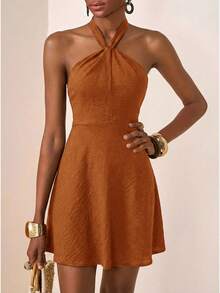 Zivah 2026春夏新款亚麻荷叶边A字迷你连衣裙，棕色，适合音乐节、复活节、圣帕特里克节、情人节、约会、西式风格、游牧风格、生日、毕业典礼、校园风、日常穿着、休闲、度假、邮轮旅行、海滩、日光浴、潮流、街头风、婚礼宾客、通勤、早午餐、机场、派对、节日、办公室等场合。 - 紅木色 - 查看 9