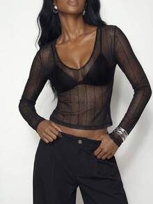 Femmeiva Women's Chic Sexy Sheer Glitter Textured Long Sleeve Tight Fit T-Shirt, Spring/Summer - Dark Grey - View 1