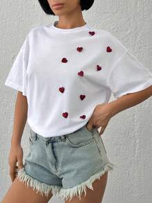 EURMUSE White Women's T-Shirt – Applique Red Hearts, Short Sleeve, 100% Cotton - White - View 3